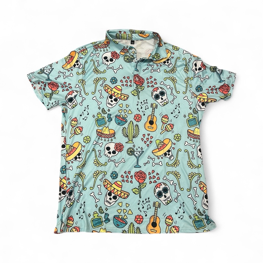 3XL Polo Shirt Day of the Dead Fiesta Sugar Skull Sombrero Guitar Print